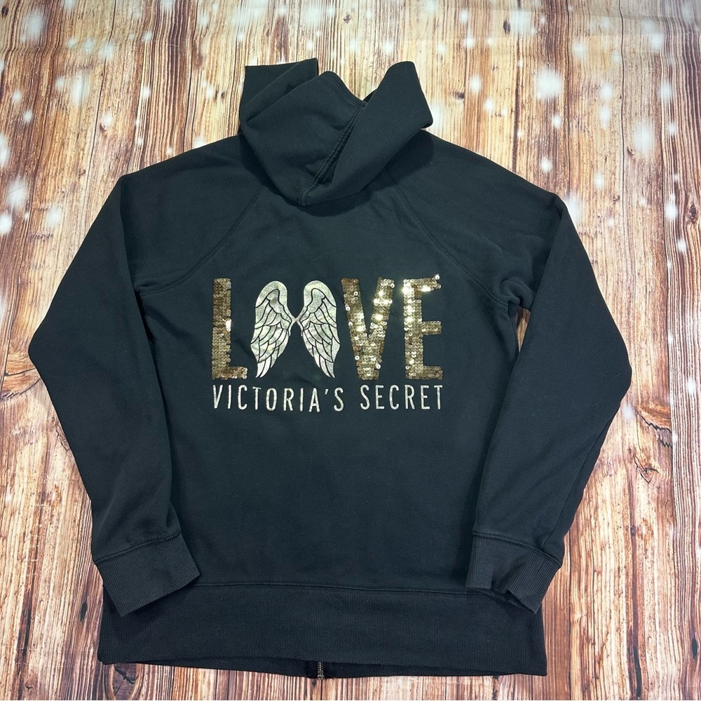 VICTORIA SECRET Angel Sequin Love Zip Up Black Hoodie Bling Size Medium